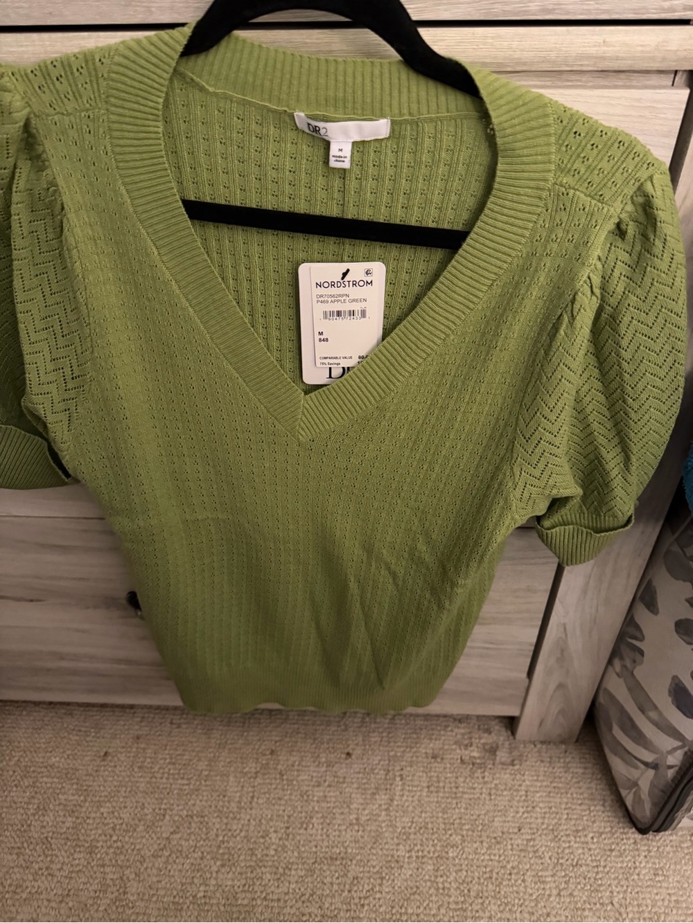 Pointelle V-Neck Sweater in Green by DR2